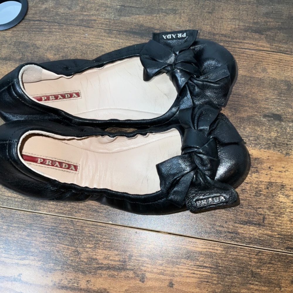 Prada Black Leather Bow Ballet Flats - Picture 11 of 12